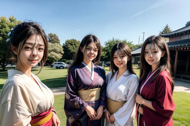 (8k, best quality, masterpiece, ultra highres, ultra-detailed:1.2) , Photo of Pretty Japanese girls,view from front,(best quality),(upper-body-shot:1)
(in front of event hall:1.3),(outdoor:1.2),wearing kimono,(midnoon:1.2),natural lighting,
((3girls:1.3)),((multiple girls)),Japanese,20years old,cute face,medium breasts, smirk,
,(detailed face:1.2) ,<lora:more_details:0.8> <lora:Kimonos:0.5> <lora:harem_4:1>