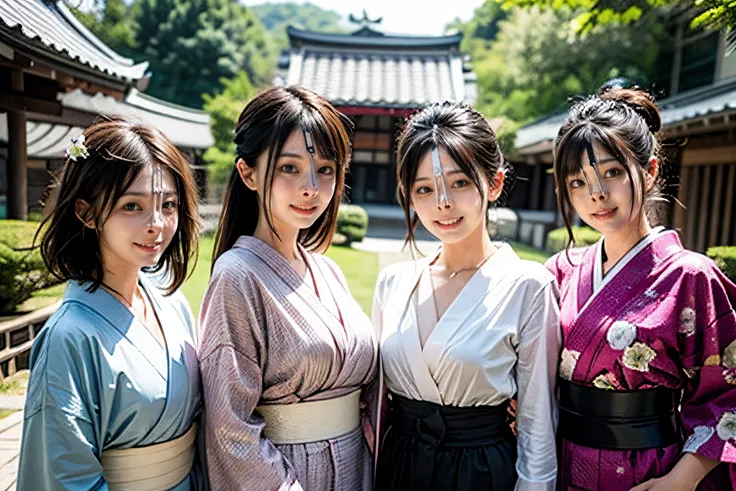 (8k, best quality, masterpiece, ultra highres, ultra-detailed:1.2) , Photo of Pretty Japanese girls,view from front,(best quality),(upper-body-shot:1)
(in front of event hall:1.3),(outdoor:1.2),wearing kimono,(midnoon:1.2),natural lighting,
((3girls:1.3)),((multiple girls)),Japanese,20years old,cute face,medium breasts, smirk,
,(detailed face:1.2) ,<lora:more_details:0.8> <lora:Kimonos:0.5> <lora:harem_4:1>