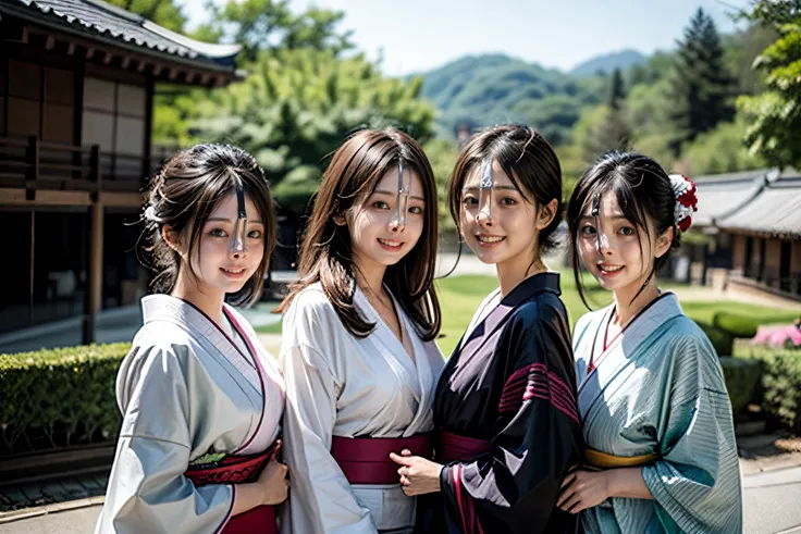 (8k, best quality, masterpiece, ultra highres, ultra-detailed:1.2) , Photo of Pretty Japanese girls,view from front,(best quality),(upper-body-shot:1)
(in front of event hall:1.3),(outdoor:1.2),wearing kimono,(midnoon:1.2),natural lighting,
((3girls:1.3)),((multiple girls)),Japanese,20years old,cute face,medium breasts, smirk,
,(detailed face:1.2) ,<lora:more_details:0.8>   <lora:Kimonos:0.5>  <lora:harem_4:1>