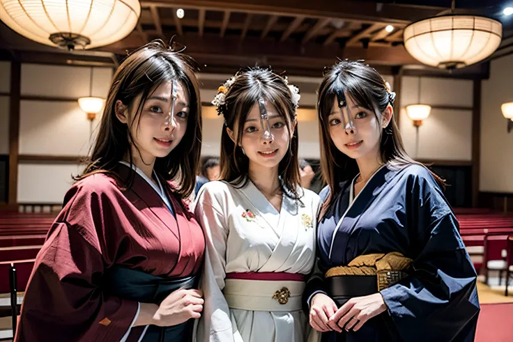 (8k, best quality, masterpiece, ultra highres, ultra-detailed:1.2) , Photo of Pretty Japanese girls,view from front,(best quality),(upper-body-shot:1)
(in front of event hall:1.3),(outdoor:1.2),wearing kimono,(midnoon:1.2),natural lighting,
((3girls:1.3)),((multiple girls)),Japanese,20years old,cute face,medium breasts, smirk,
,(detailed face:1.2) ,<lora:more_details:0.8> <lora:Kimonos:0.5> <lora:harem_4:1>
