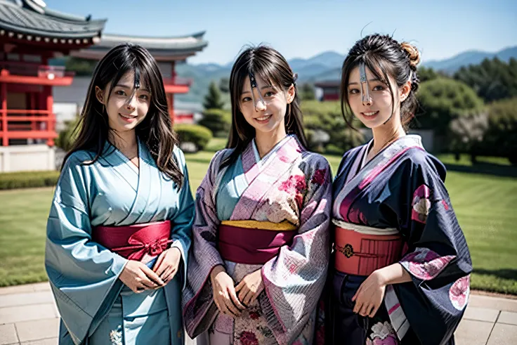 (8k, best quality, masterpiece, ultra highres, ultra-detailed:1.2) , Photo of Pretty Japanese girls,view from front,(best quality),(upper-body-shot:1)
(in front of event hall:1.3),(outdoor:1.2),wearing kimono,(midnoon:1.2),natural lighting,
((3girls:1.3)),((multiple girls)),Japanese,20years old,cute face,medium breasts, smirk,
,(detailed face:1.2) ,<lora:more_details:0.8> <lora:Kimonos:0.5> <lora:harem_4:1>