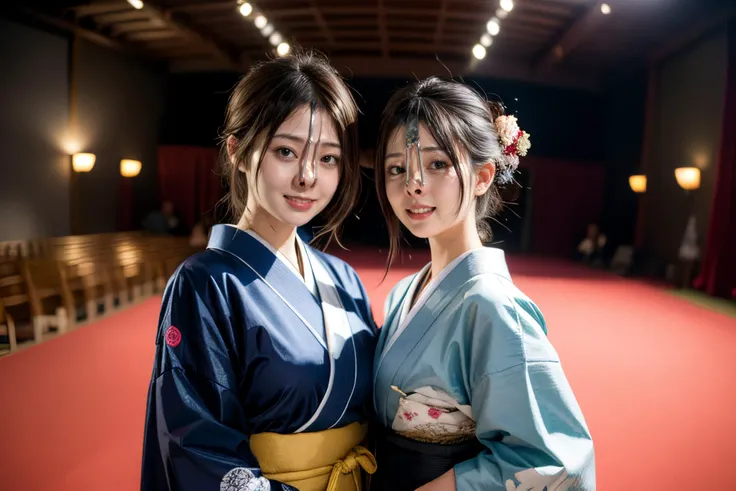 (8k, best quality, masterpiece, ultra highres, ultra-detailed:1.2) , Photo of Pretty Japanese girls,view from front,(best quality),(upper-body-shot:1)
(in front of event hall:1.3),(outdoor:1.2),wearing kimono,
((2girls)),multiple girls,Japanese,20years old,cute face,medium breasts, smirk,
,(detailed face:1.2) ,<lora:more_details:0.8> <lora:Kimonos:0.5> <lora:harem_4:1>