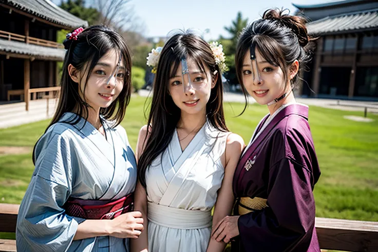 (8k, best quality, masterpiece, ultra highres, ultra-detailed:1.2) , Photo of Pretty Japanese girls,view from front,(best quality),(upper-body-shot:1)
(in front of event hall:1.3),(outdoor:1.2),wearing kimono,(midnoon:1.2),natural lighting,
((3girls:1.3)),((multiple girls)),Japanese,20years old,cute face,medium breasts, smirk,
,(detailed face:1.2) ,<lora:more_details:0.8>   <lora:Kimonos:0.5>  <lora:harem_4:1>