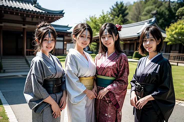 (8k, best quality, masterpiece, ultra highres, ultra-detailed:1.2) , Photo of Pretty Japanese girls,view from front,(best quality),(upper-body-shot:1)
(in front of event hall:1.3),(outdoor:1.2),wearing kimono,(midnoon:1.2),natural lighting,
((3girls:1.3)),((multiple girls)),Japanese,20years old,cute face,medium breasts, smirk,
,(detailed face:1.2) ,<lora:more_details:0.8> <lora:Kimonos:0.5> <lora:harem_4:1>