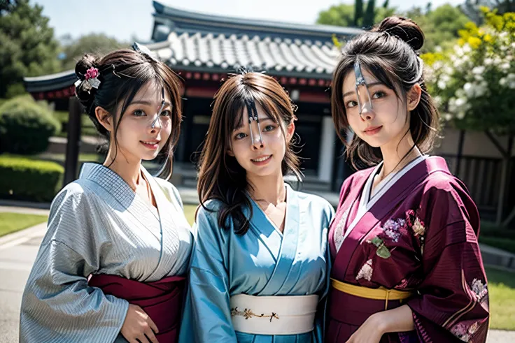 (8k, best quality, masterpiece, ultra highres, ultra-detailed:1.2) , Photo of Pretty Japanese girls,view from front,(best quality),(upper-body-shot:1)
(in front of event hall:1.3),(outdoor:1.2),wearing kimono,(midnoon:1.2),natural lighting,
((3girls:1.3)),((multiple girls)),Japanese,20years old,cute face,medium breasts, smirk,
,(detailed face:1.2) ,<lora:more_details:0.8>   <lora:Kimonos:0.5>  <lora:harem_4:1>