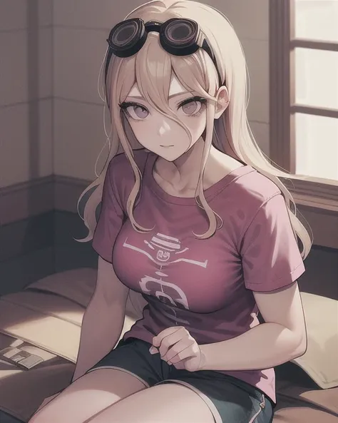 Iruma Miu/(danganronpa/),  house room background, pink t-shirt, shorts, casual outfit ,ultra-detailed, masterpiece, illustration, 8k, masterpiece, realistic shadows, googles on head, cute, colorful, beautiful detailed eyes <lora:IrumaMiuV5:0.4>