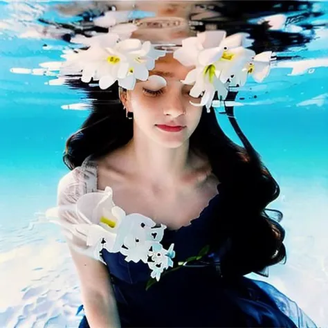1girl, high quality,4k photo, 1girl, solo, black hair, closed eyes, flower, long hair <lora:underocean:1>