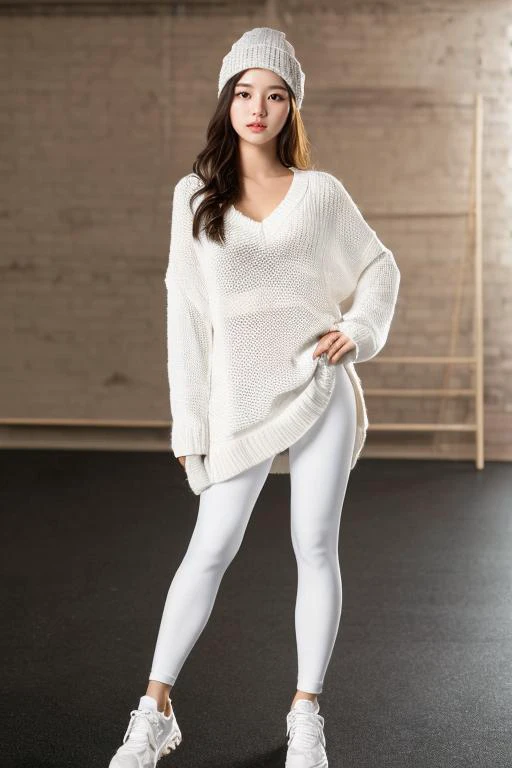 ((best_quality,high_resolution,distimct_image)),ultra_realistic details,sharp focus,detailed skin,full body,(21years old pretty korean girl:1.2),(kpop idol:1.2)(,korean beauty:0.8),(korean mixed),1girl,(indoor studio_background),shoes,Oversized knit beanie,V-neck knit tunic,Fair Isle knit leggings