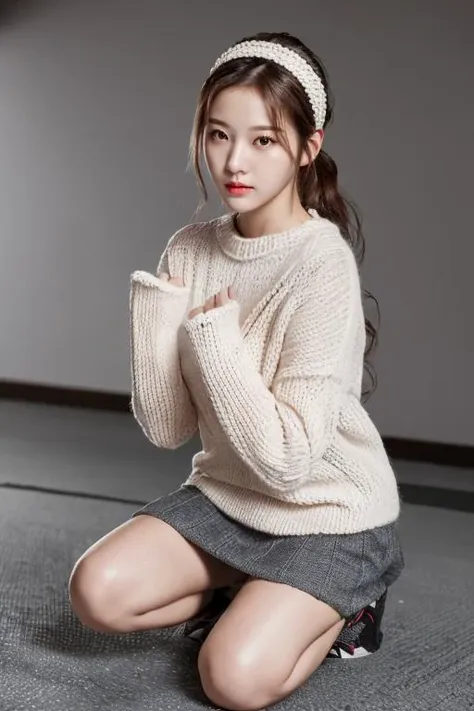 ((best_quality,high_resolution,distimct_image)),ultra_realistic details,sharp focus,detailed skin,full body,(21years old pretty korean girl:1.2),(kpop idol:1.2)(,korean beauty:0.8),(korean mixed),1girl,(indoor studio_background),shoes,Cable knit mittens,Chunky knit headband,Lace knit skirt