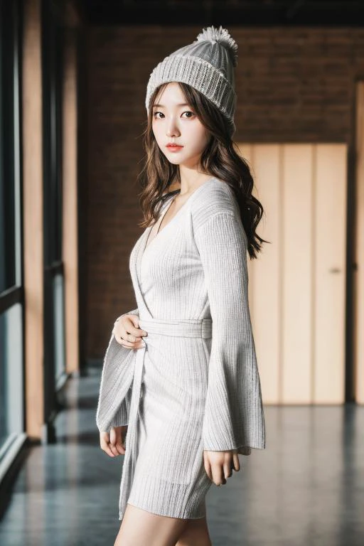 ((best_quality,high_resolution,distimct_image)),ultra_realistic details,sharp focus,detailed skin,full body,(21years old pretty korean girl:1.2),(kpop idol:1.2)(,korean beauty:0.8),(korean mixed),1girl,(indoor studio_background),shoes,Bell sleeve knit top,Ribbed knit beanie with a pom-pom,V-neck knit wrap dress