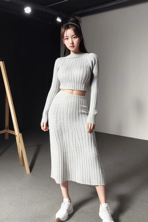 ((best_quality,high_resolution,distimct_image)),ultra_realistic details,sharp focus,detailed skin,full body,(21years old pretty korean girl:1.2),(kpop idol:1.2)(,korean beauty:0.8),(korean mixed),1girl,(indoor studio_background),shoes,Crop knit sweater,Textured knit sweater dress,Ribbed knit culottes