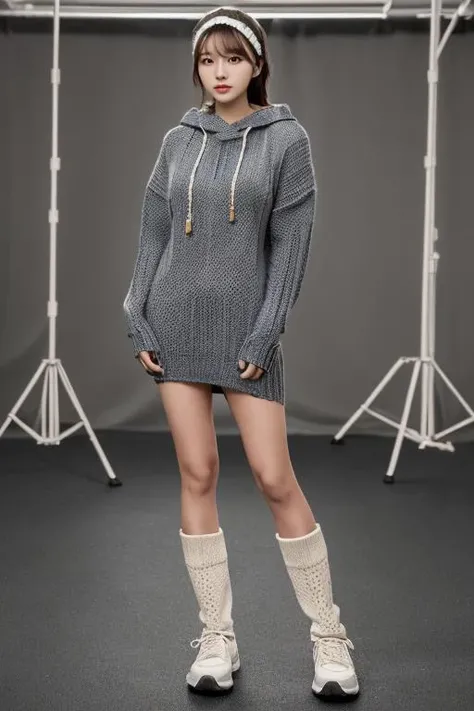 ((best_quality,high_resolution,distimct_image)),ultra_realistic details,sharp focus,detailed skin,full body,(21years old pretty korean girl:1.2),(kpop idol:1.2)(,korean beauty:0.8),(korean mixed),1girl,(indoor studio_background),shoes,Hooded knit sweater,Cable knit boot cuffs,Lace knit headband