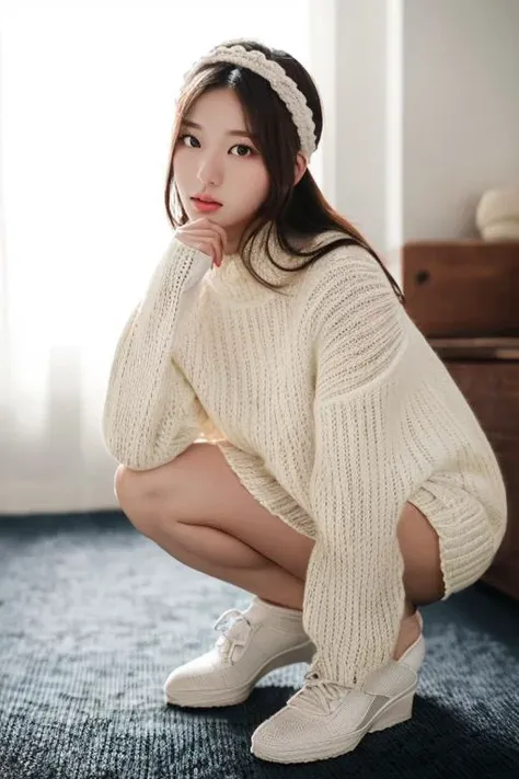 ((best_quality,high_resolution,distimct_image)),ultra_realistic details,sharp focus,detailed skin,full body,(21years old pretty korean girl:1.2),(kpop idol:1.2)(,korean beauty:0.8),(korean mixed),1girl,(indoor studio_background),shoes,Fair Isle knit sweater,Ribbed knit capelet,Lace knit headband