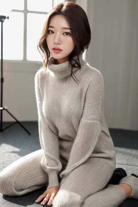 ((best_quality,high_resolution,distimct_image)),ultra_realistic details,sharp focus,detailed skin,full body,(21years old pretty korean girl:1.2),(kpop idol:1.2)(,korean beauty:0.8),(korean mixed),1girl,(indoor studio_background),shoes,Cashmere knit sweater,Cowl neck knit tunic,Turtleneck knit jumpsuit