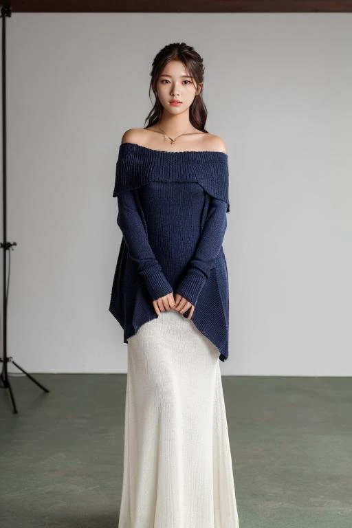 ((best_quality,high_resolution,distimct_image)),ultra_realistic details,sharp focus,detailed skin,full body,(21years old pretty korean girl:1.2),(kpop idol:1.2)(,korean beauty:0.8),(korean mixed),1girl,(indoor studio_background),shoes,Ruffle knit top,Off-the-shoulder knit poncho,Turtleneck knit maxi dress