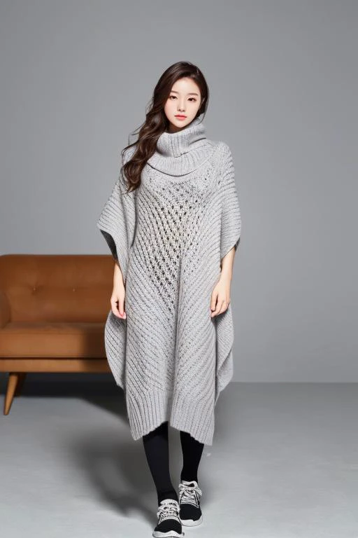 ((best_quality,high_resolution,distimct_image)),ultra_realistic details,sharp focus,detailed skin,full body,(21years old pretty korean girl:1.2),(kpop idol:1.2)(,korean beauty:0.8),(korean mixed),1girl,(indoor studio_background),shoes,Cable knit sweater,Chunky knit tunic,Cowl neck knit cape