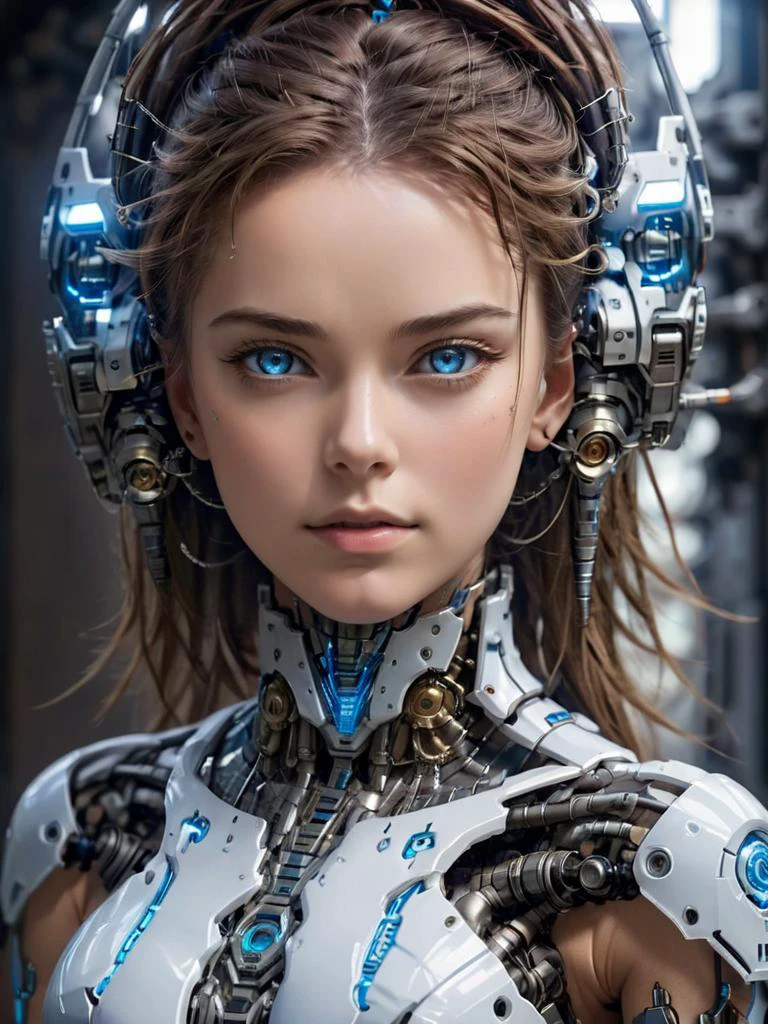 cyborggirl,detailed face,  (beautiful blue eyes:0.5),  pretty, upper body, 
 <lora:cyborggirl_XL:0.8> cyborggirl, mecha, cyborg, electronic parts, mechanical equipment