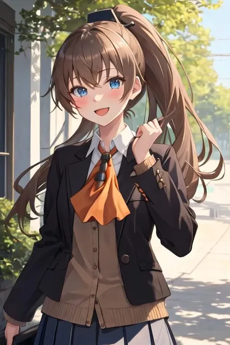 best quality, masterpiece, highres, solo, {kumano_kantaicollection:1.15}, brown_hair, long_hair, ponytail, blue_eyes, smile, blush, open_mouth, hair_ornament, 1girl, ascot, looking_at_viewer, school_uniform, skirt