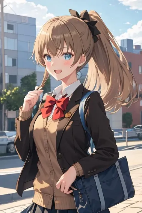 best quality, masterpiece, highres, solo, {kumano_kantaicollection:1.15}, brown_hair, long_hair, ponytail, blue_eyes, smile, blush, open_mouth, hair_ornament, 1girl, black_jacket, blazer, jacket, shirt, white_shirt, blue_bow, ribbon, school_uniform, blue_bowtie, bow, collared_shirt, bag, long_sleeves, pleated_skirt, skirt, upper_body, alternate_costume, black_skirt, hair_ribbon, outdoors