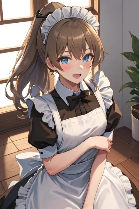 best quality, masterpiece, highres, solo, {maid:1.40}, {long maid dress:1.15}, {kumano_kantaicollection:1.15}, brown_hair, long_hair, ponytail, blue_eyes, smile, blush, open_mouth, hair_ornament