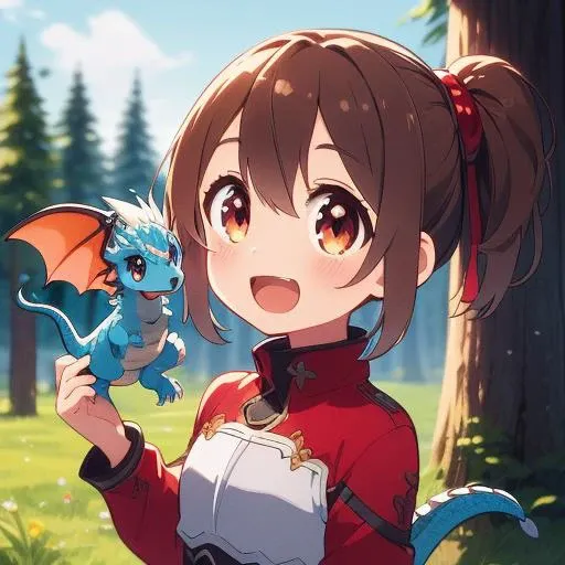 best quality, ultra detail,outdoor, pet dragon,light blue dragon,forest, <lora:girllikepetdragon:0.8> <lora:silica:0.8>petite,girl,silica,brown hair,open mouth,smile,looking at dragon