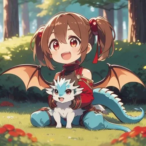 best quality, ultra detail,outdoor, pet dragon,light blue dragon,forest, <lora:girllikepetdragon:0.8> <lora:silica:0.8>petite,girl,silica,brown hair,open mouth,smile,looking at dragon