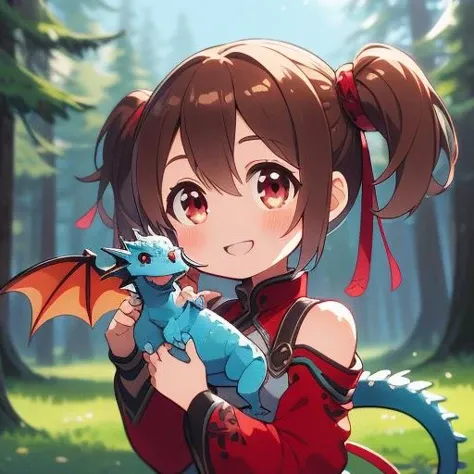 best quality, ultra detail,outdoor, pet dragon,light blue dragon,forest, <lora:girllikepetdragon:0.8> <lora:silica:0.8>petite,girl,silica,brown hair,smile,looking at dragon,hold dragon