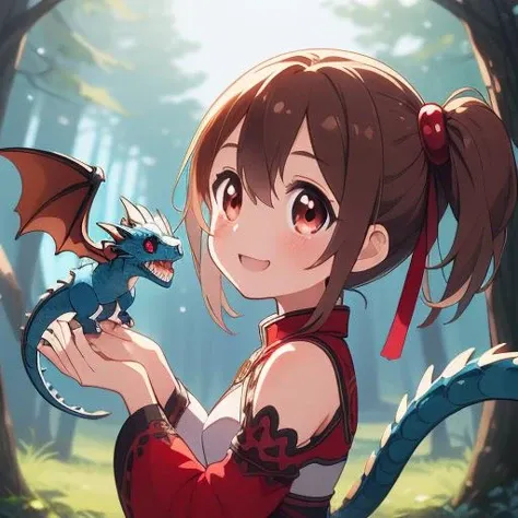 best quality, ultra detail,outdoor, pet dragon,light blue dragon,forest, <lora:girllikepetdragon:0.8> <lora:silica:0.8>petite,girl,silica,brown hair,smile,looking at dragon,hold dragon
