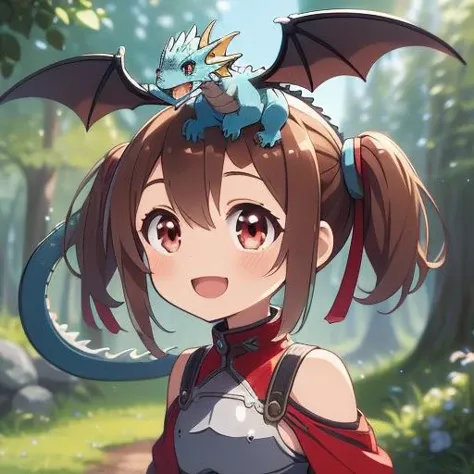 best quality, ultra detail,outdoor, pet dragon,light blue dragon,forest, <lora:girllikepetdragon:0.8> <lora:silica:0.8>petite,girl,silica,brown hair,smile,looking at dragon,hold dragon