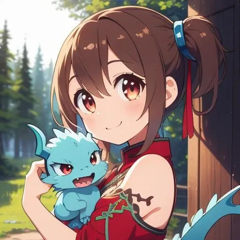 best quality, ultra detail,outdoor, pet dragon,light blue dragon,forest<lora:girllikepetdragon:0.7> <lora:silica:0.7>petite,girl,silica,brown hair,smile,hold dragon