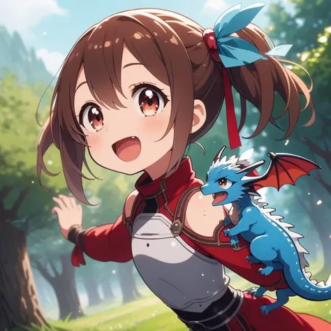 best quality, ultra detail,outdoor, pet dragon,light blue dragon,forest, <lora:girllikepetdragon:0.8> <lora:silica:0.8>petite,girl,silica,brown hair,open mouth,smile,looking at dragon