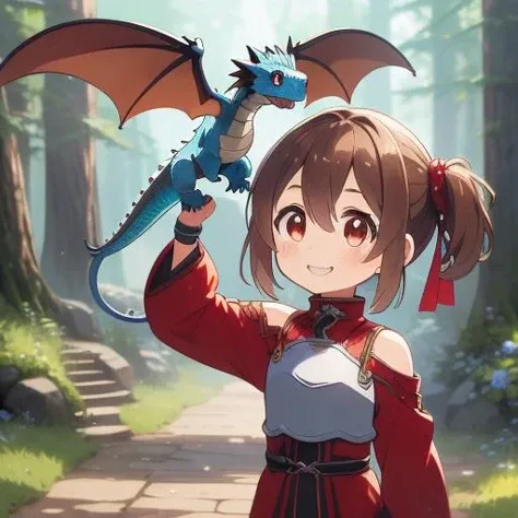 best quality, ultra detail,outdoor, pet dragon,light blue dragon,forest, <lora:girllikepetdragon:0.8> <lora:silica:0.8>petite,girl,silica,brown hair,smile,looking at dragon,hold dragon