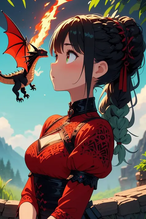 (masterpiece, best quality), 1girl,  Mint Dutch Braid Ponytail, Size G breasts,   <lora:girllikepetdragon:1> pet dragon, esting on girl's head, breathing fire, black collar, red complex pattern cut-out warrior costume, sleeves