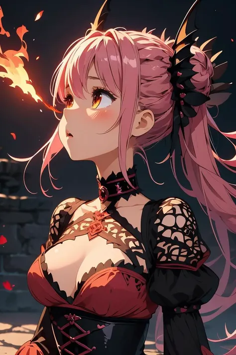 (masterpiece, best quality), 1girl, Rose pink Tapered Sides with Messy Top, Size C breasts, <lora:girllikepetdragon:1> pet dragon, esting on girl's head, breathing fire, black collar, red complex pattern cut-out warrior costume, sleeves