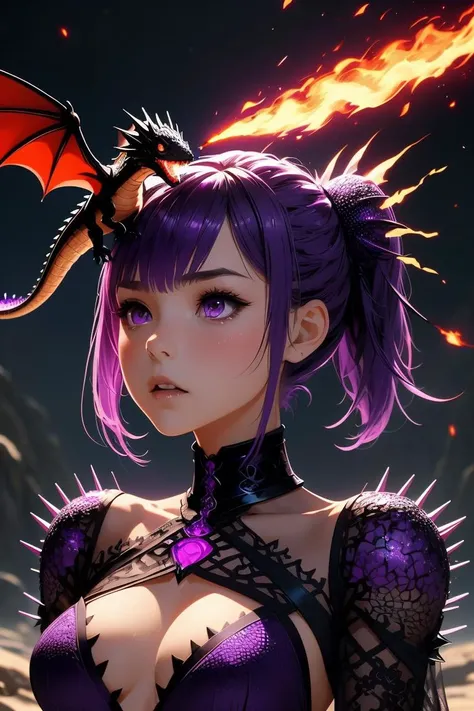 (masterpiece, best quality), 1girl,  Purple Short Spiky Hair with High Fade, Size B breasts,   <lora:girllikepetdragon:1> pet dragon, esting on girl's head, breathing fire, black collar, red complex pattern cut-out warrior costume, sleeves