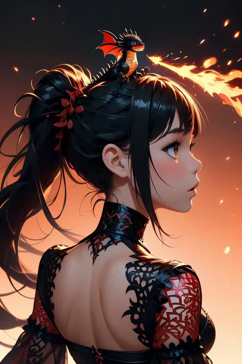 (masterpiece, best quality), 1girl,  Honey Twisted Low Ponytail, Size E breasts,   <lora:girllikepetdragon:1> pet dragon, esting on girl's head, breathing fire, black collar, red complex pattern cut-out warrior costume, sleeves