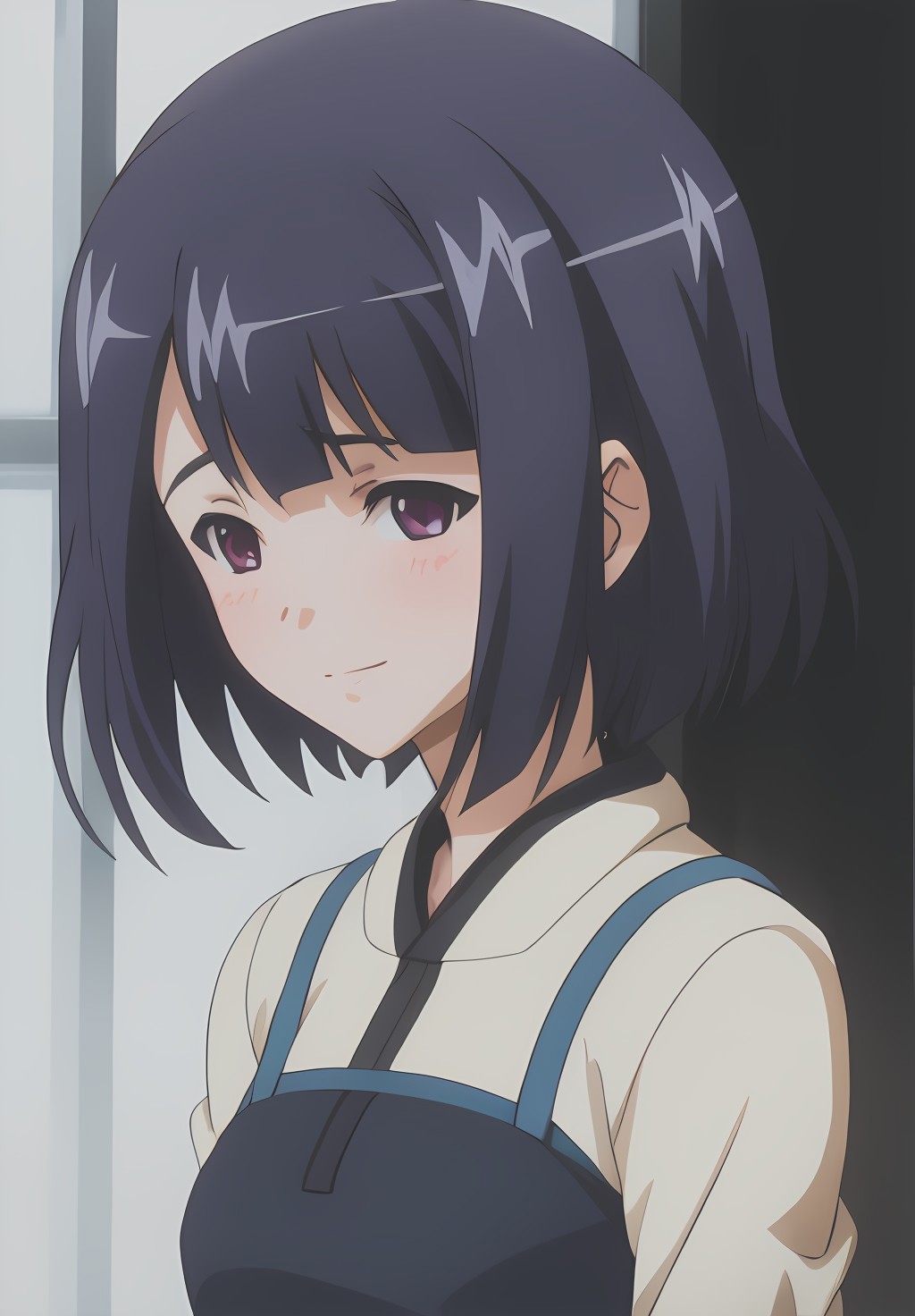 Anime girl with black hair and blue dress looking at camera - SeaArt AI