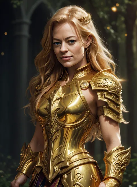 Realistic photograph of muscular ((EPJ3riRy4n:0.99)) as a blonde (medieval fantasy d&d paladin). (She's young:1.2), (30yo:1.3) (busty:1.2), (stunningly beautiful elven princess:0.8), (very detailed hair:1.1) (makeup:0.3) ((muscular)), She's wearing a ((golden ornate plate armor:1.1)). She is a holy glowy knight, divine and fantasy themed, d&d. (She is enveloped by golden energy). There are (stars in the sky, night time) (muscular) night themed forest background, (she is facing the viewer). (Confident smile). Highly detailed face, and beautiful bright eyes. (highly detailed hair:1.2). 4k, 8k, (golden glow around her:1.2) high quality, masterpiece, high effort, highly detailed, highly detailed background, beautiful face, gorgeous artpiece, trending in artstation. Golden energy is around her. Ray tracing is fully in effect, cinematographic lighting. Hyper-realism, octane render. <lora:FantasyHero_v2:0.4>