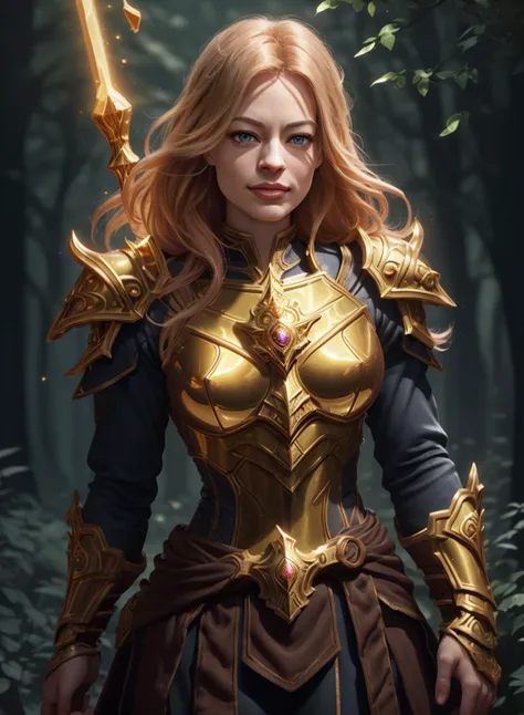 Realistic photograph of muscular ((EPJ3riRy4n:0.99)) as a (medieval fantasy d&d paladin). (She's young, beautiful:1.2), (30yo:1.3) (busty:1.2), ((muscular)), She's wearing a ((golden ornate plate armor:1.1)). She is a holy glowy knight, divine and fantasy themed, d&d. (She is enveloped by golden energy). There are (stars in the sky, night time) (muscular) night themed forest background, (she is facing the viewer). it's a dark image. She is smiling. Highly detailed face, and beautiful bright eyes. (highly detailed hair:1.2). 4k, 8k, (cosmic glow around her:1.2) high quality, masterpiece, high effort, highly detailed, highly detailed background, beautiful face, gorgeous artpiece, trending in artstation. Golden energy is around her. Ray tracing is fully in effect, cinematographic lighting. Hyper-realism, octane render. <lora:FantasyHero_v2:0.4>
