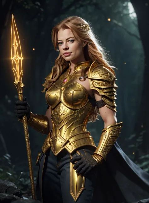 Realistic photograph of muscular ((EPJ3riRy4n:0.99)) as a (medieval fantasy d&d paladin). (She's young, beautiful:1.2), (30yo:1.3) (busty:1.2), ((muscular)), She's wearing a ((golden ornate plate armor:1.1)). She is a holy glowy knight, divine and fantasy themed, d&d. (She is enveloped by golden energy). There are (stars in the sky, night time) (muscular) night themed forest background, (she is facing the viewer). it's a dark image. She is smiling. Highly detailed face, and beautiful bright eyes. (highly detailed hair:1.2). 4k, 8k, (golden glow around her:1.2) high quality, masterpiece, high effort, highly detailed, highly detailed background, beautiful face, gorgeous artpiece, trending in artstation. Golden energy is around her. Ray tracing is fully in effect, cinematographic lighting. Hyper-realism, octane render. <lora:FantasyHero_v2:0.4>