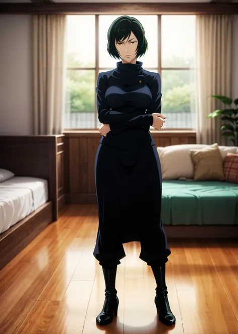 (full body shot, masterpiece, best_quality, ultra-detailed, immaculate:1.3),
BREAK
<lora:MaiZen'in, yellow eyes, short hair, green hair:0.55> MaiZen'in, yellow eyes, 1girl, solo, short hair, green hair, female focus, serious, looking at viewer, very large breasts, gakuran,long sleeves, long skirt pants, ankle_boots, posing for photo, arms crossed, standing,
<lora:detail_slider_v4:1>
BREAK
bedroom,