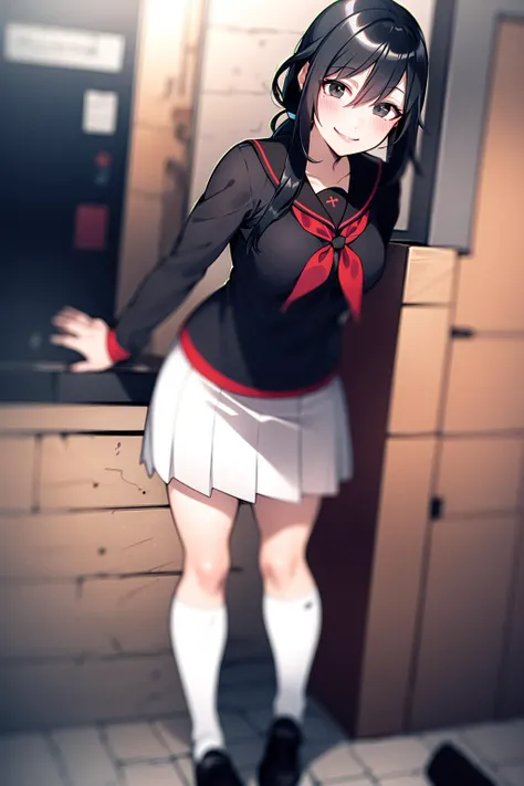 masterpiece, best quality, 1girl, osana, Medium length hair and black ponytail, black hair, black eyes, school uniform, serafuku, blue sailor collar, white sailor shirt, red neckerchief, short sleeves, blue pleated skirt, black thighhighs, black shoes, arms behind back,