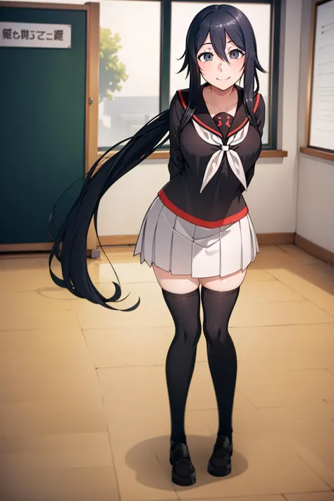 masterpiece, best quality, 1girl, solo,
<lora:ryoba:0.75>, ryoba, black_hair, long hair, grey_eyes, ponytail, school uniform,
classroom, full body, looking at viewer, school, smile,
black kneesocks, serafuku, white skirt,