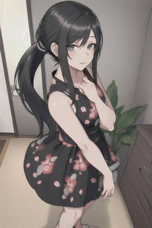 <lora:Ryoba AishiV1.1:.6>, 1girl,solo, ryoba, black_hair, long hair, grey_eyes, ponytail, floral print, dress, indoors, looking at viewer, standing