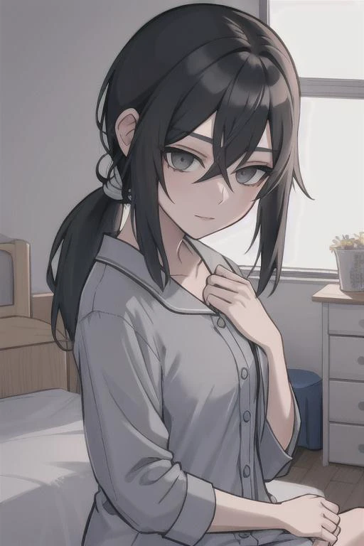 <lora:Ryoba AishiV1.1:.6>, 1girl,solo, ryoba, black hair, long hair, grey_eyes, ponytail, pajamas, indoors, bedroom, looking at viewer,