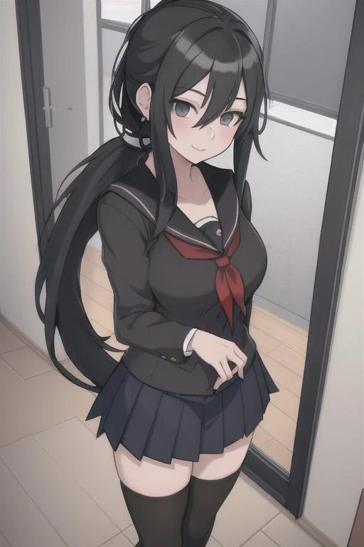<lora:Ryoba AishiV1.1:.65>, 1girl,solo, ryoba, black_hair, long hair, grey_eyes, ponytail, school_uniform, thighhighs, indoors, looking at viewer, standing