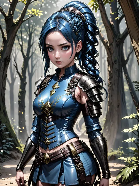 anime style, 1girl, woman, elf desert renegade lord villainess, dark leather, ninja sword, bombshell hair, glimmering color:steelblue hair, french braids, thicc hourglass figure, medium breasts, (asian:1.3), Spirit Animal Forest<lora:EnvyBeautyXL12:1><lora:EnvyBetterHiresFixXL01:0@0,0@.49,1@.5:hr=1>