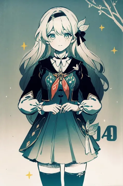 <lora:1715808920634730498:0.7> omori style, style parody, official style, limited palette,   <lora:firefly-v2-kozue:1> 1girl, blue eyes, grey hair, long hair, hair ornament, black hairband, long sleeves, green skirt, green thighhighs,, absurdres, ultra detailed, masterpiece, best quality, aesthetic, detailed,