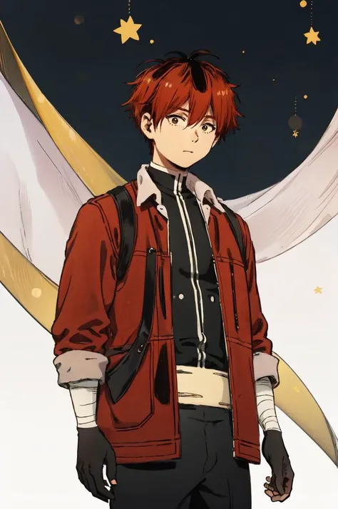 <lora:1715808920634730498:0.7> omori style, style parody, official style, limited palette, <lora:Stark:1> StarkFrieren, red jacket, black shirt, white sash, black pants, bandages, gloves,, absurdres, ultra detailed, masterpiece, best quality, aesthetic, detailed,