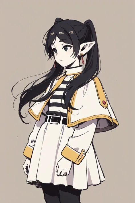 <lora:1715808920634730498:0.7> omori style, style parody, official style, limited palette, <lora:Frieren:1> FrierenBase, twintails, earrings, white capelet, striped shirt, white skirt, long sleeves, belt, black pantyhose, absurdres, ultra detailed, masterpiece, best quality, aesthetic, detailed,